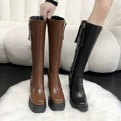 2024秋冬季靴子女长筒靴腿粗防水台高跟鞋不累脚10cm复古高跟女鞋图片