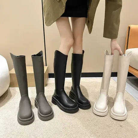永希长筒靴女2023年春秋季新款法式时尚百搭瘦瘦靴粗跟厚底骑士靴商品大图