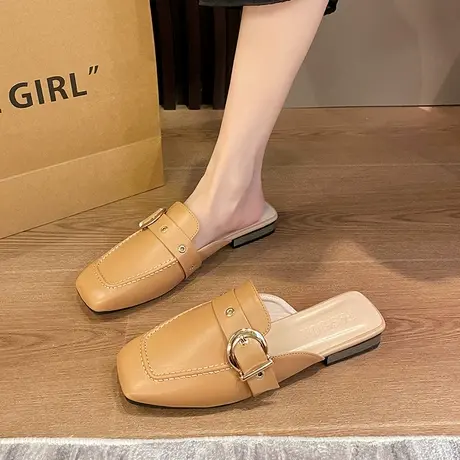 永希包头半拖女2022秋冬新款时尚ins防滑平底鞋皮带扣休闲穆勒鞋商品大图