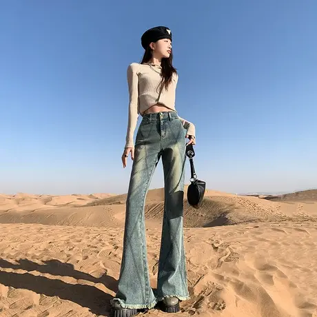复古毛边高腰微喇牛仔裤女春秋2024年新款显瘦设计感马蹄喇叭裤子图片