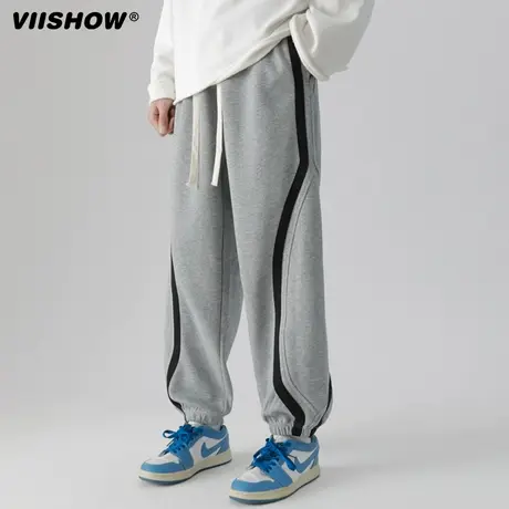 VIISHOW炸街加绒运动卫裤男秋冬加厚拼色休闲裤设计感宽松束脚裤商品大图