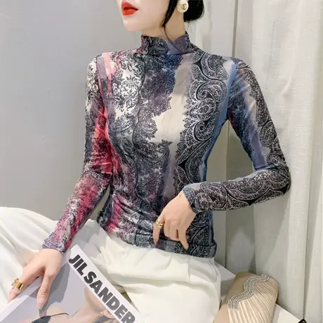 半高领打底衫女长袖网纱印花时尚气质减龄上衣女内塔修身显瘦T恤商品大图