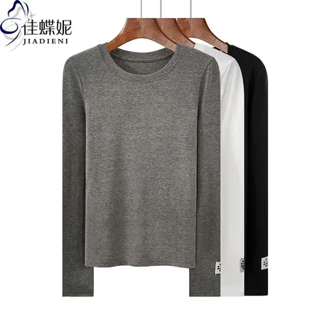 春秋新款圆领修身显瘦纯棉纯色拼接贴图长袖体恤上衣女打底衫商品大图