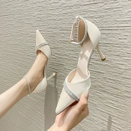 法式气质高跟鞋女2024年新款尖头水钻一字带设计感小众细跟单鞋图片