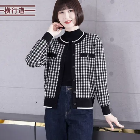 百搭圆领格子针织开衫长袖毛衣2024新款春装撞色休闲小外套大码女商品大图