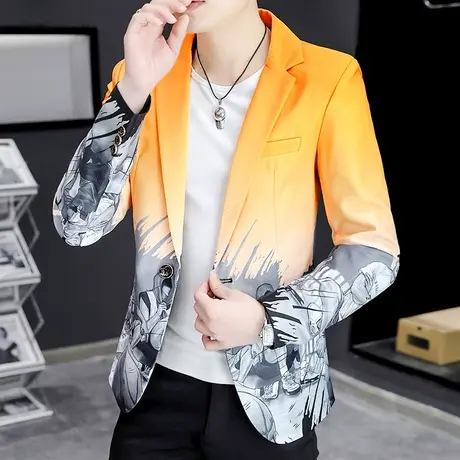 潮牌渐变西服男春秋季韩版个性印花痞帅上衣发型师拼色小西装外套商品大图