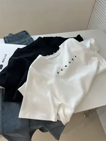 韩版简约小字母刺绣圆领短袖t恤女加厚磨毛棉质打底衫上衣秋冬季商品大图