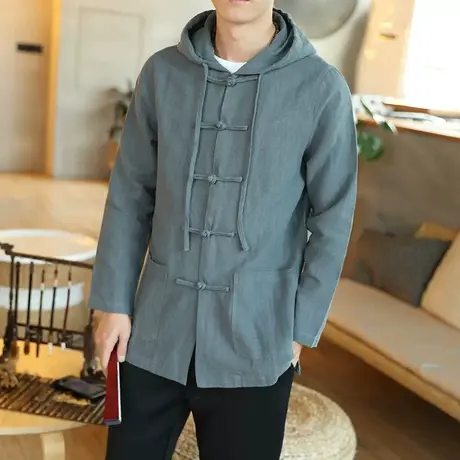 秋冬连帽唐装棉麻粗布扣外套男士中式盘扣汉服亚麻复古风加厚茶服图片