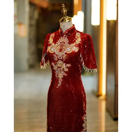 红色旗袍敬酒服新娘2023新款结婚礼服改良中式重工高端订婚连衣裙商品大图