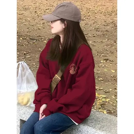 韩版慵懒风外套oversize大码连帽卫衣女ins潮冬季加绒闺蜜装上衣商品大图