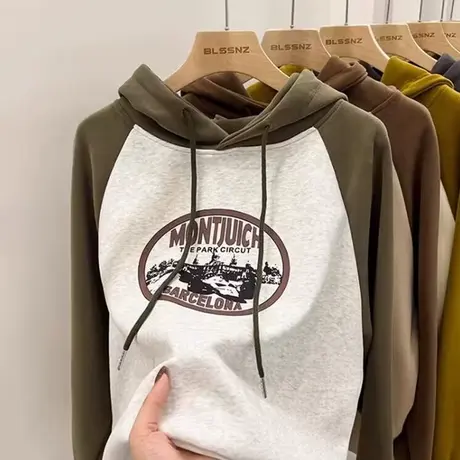 美式潮牌连帽卫衣女宽松薄款春装拼色插肩长袖上衣服oversize外套商品大图