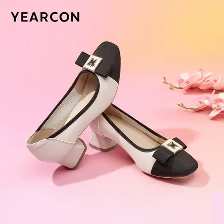 意尔康女鞋2024春季女士休闲浅口单鞋英伦风粗跟时尚通勤工作鞋图片