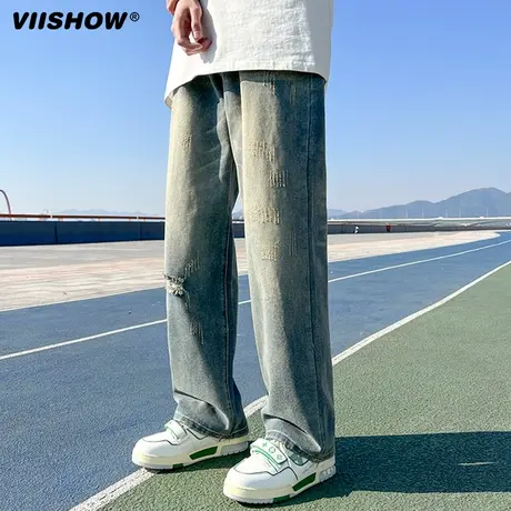 VIISHOW美式高街2024年做旧破洞牛仔裤男春季复古宽松百搭直筒裤商品大图