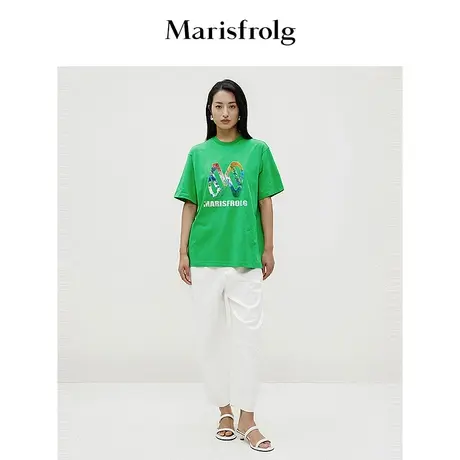 【商场同款】玛丝菲尔2024春新款绿色圆领时尚印花短袖T恤上衣女商品大图