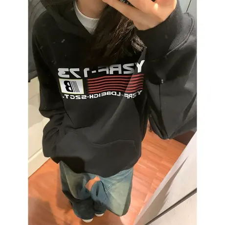 美式复古连帽卫衣女春秋季薄款设计感宽松慵懒风chic早秋上衣外套商品大图