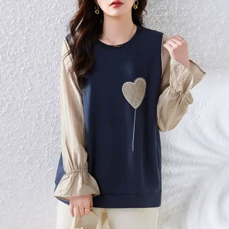 长袖t恤女春秋新款大码女装宽松中年妈妈洋气撞色拼接外穿打底衫图片