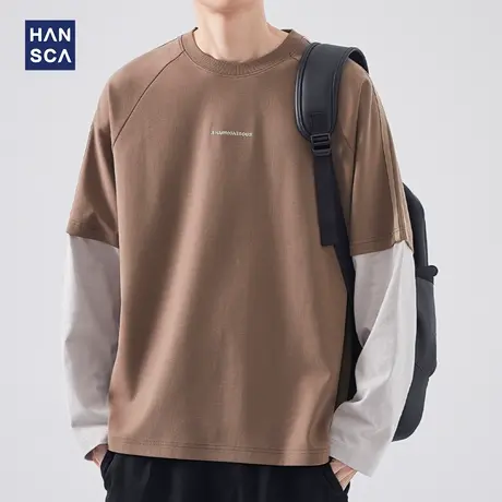 hansca 280g重磅假两件长袖t恤男春季撞色潮流宽松大码插肩袖上衣商品大图