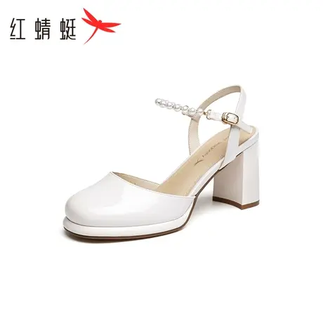 红蜻蜓复古珍珠玛丽珍女鞋2023夏新款包头后空防水台高跟时装凉鞋商品大图