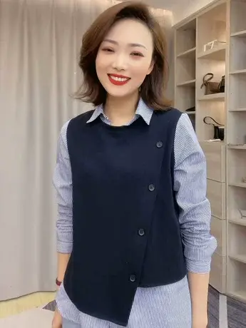 2004早春季新款上衣衬衫设计百搭假两件条纹时尚休闲拼接长袖衬衣商品大图