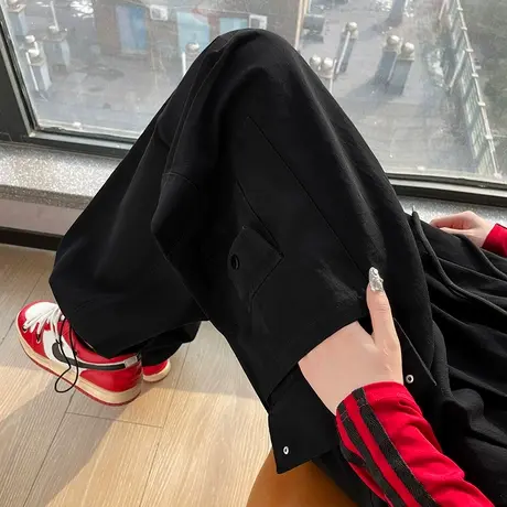 美式黑色工装裤女春夏薄款休闲小个子抽绳束脚直筒宽松运动阔腿裤图片