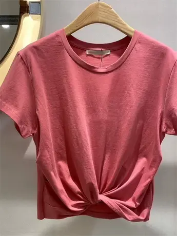 韩国东大门女装2024春季新款时尚交叉扭结纯色宽松短袖t恤女上衣商品大图