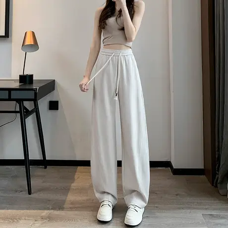 窄版香蕉运动裤女春秋2024新款高腰阔腿显瘦杏色美式休闲直筒卫裤商品大图