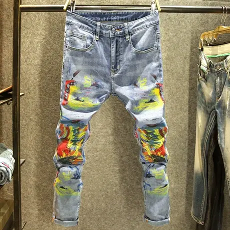 潮牌泼墨涂鸦牛仔裤男士修身弹力小脚裤高街嘻哈痞帅潮流韩版裤子商品大图