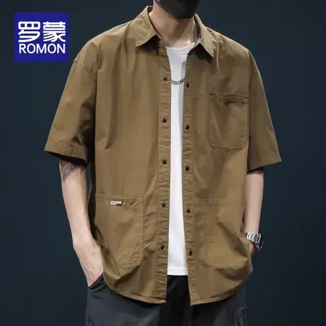 罗蒙短袖衬衫男士夏季潮流纯棉休闲五分袖寸衫薄款翻领衬衣外套男商品大图