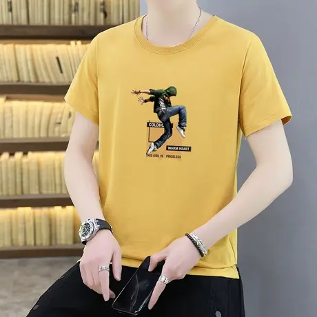 潮流印花体恤男短袖精梳棉感大码半袖t恤中学生休闲汗衫全棉丅恤图片