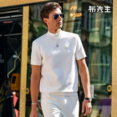 MrBu布先生棉混纺短袖加厚打底t恤2023定制皮标高领上衣男KT01882商品大图