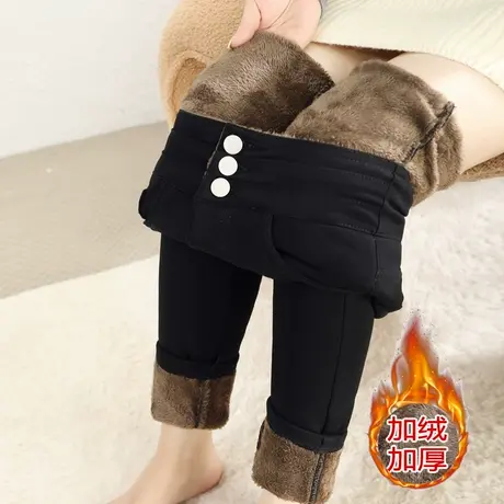 黑色高腰三粒扣打底裤女士秋冬加绒加厚大码紧身小黑裤小脚铅笔裤商品大图