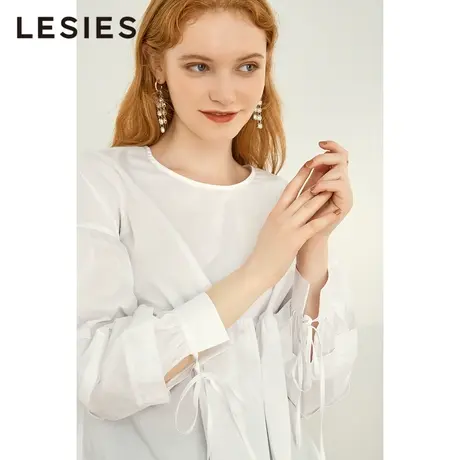 LESIES蓝色倾情春秋新款圆领宽松设计感系带淑女甜美上衣衬衫商品大图