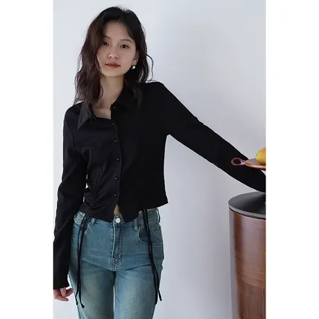 嘉茱莉2023秋季新款修身衬衫女短款小个子法式上衣POLO领薄款外套商品大图