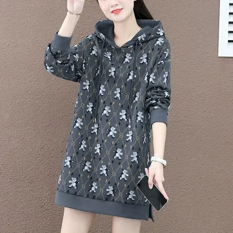 中长款连帽卫衣女春秋2023年新款时髦高个子大版上衣小熊宽松外套商品大图