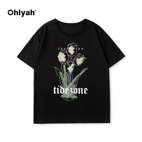 Ohlyah潮牌植物花卉郁金香印花设计感短袖t恤男女同款夏半袖上衣商品大图