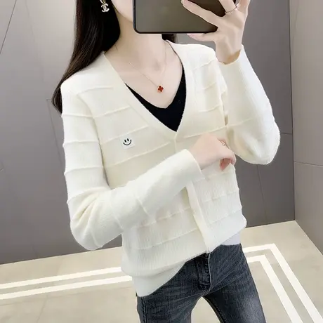 V领假两件套毛衣宽松套头打底衫女秋装2023年新款内搭洋气针织衫商品大图