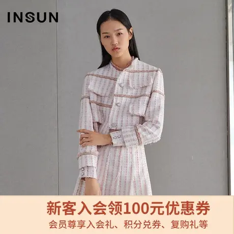 恩裳春季时尚减龄粉色拼接条纹小香风宽松短外套上衣商品大图