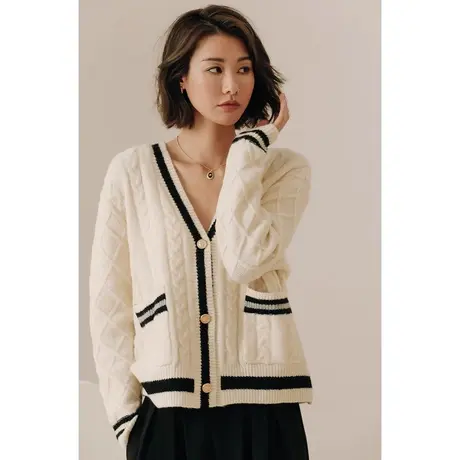 弥古小香风撞色v领针织开衫女外套上衣高级感秋季慵懒风麻花毛衣图片