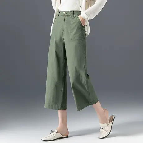 军绿色窄版阔腿裤女小个子七分裤冰丝夏季薄款天丝裤子八分直筒裤商品大图