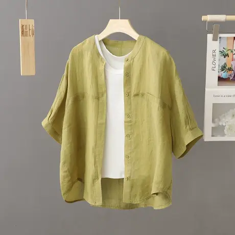 2023夏季新款文艺亚麻衬衫女短袖简约立领衬衣棉麻上衣宽松薄开衫商品大图