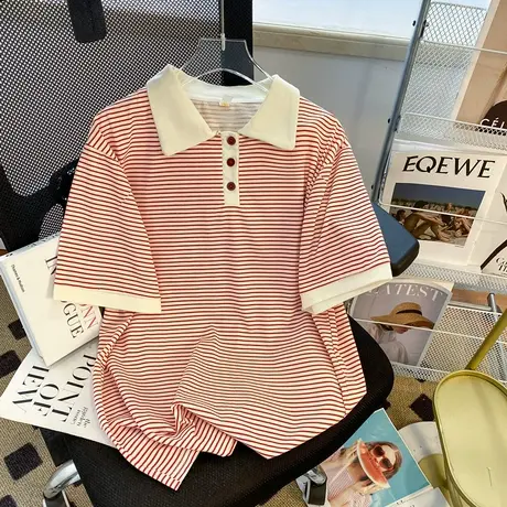 纯棉条纹正肩polo衫短袖t恤女夏季大码宽松半袖设计感小众上衣服商品大图