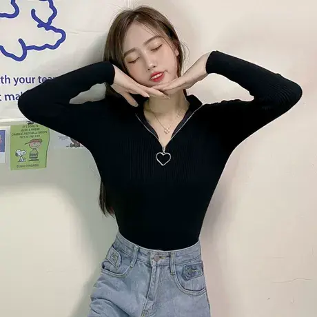 春秋薄款半高领长袖打底衫秋冬设计感学生修身内搭T恤上衣女ins潮商品大图