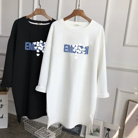 长袖t恤女春秋装百搭字母印花2022早秋新款网红独特下摆开叉上衣图片