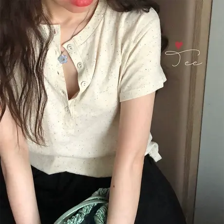 韩国东大门2023春夏新款时尚系扣圆领简约百搭宽松短袖t恤上衣女图片