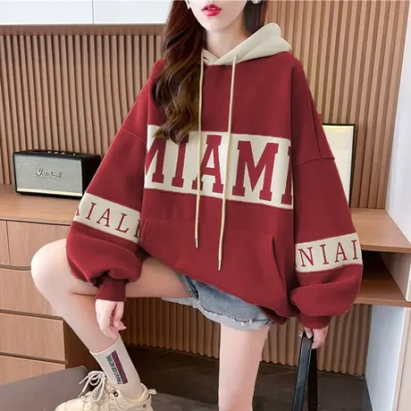 卫衣女秋冬季韩版宽松bf慵懒风设计感小众加绒加厚小个子撞色外套商品大图