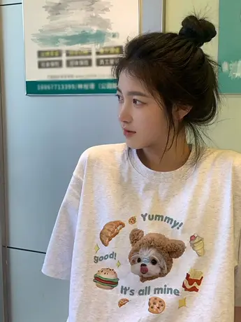 灰色高级感短袖t恤女美式复古宽松oversize设计感小众半袖上衣服商品大图