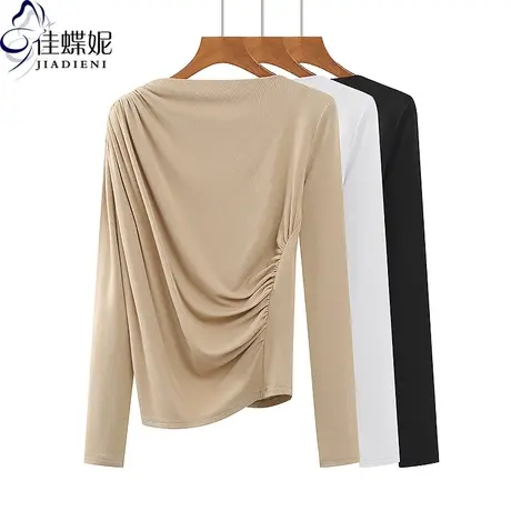 春秋新款一字领修身褶皱小心机不规则纯棉纯色长袖体恤上衣内搭女商品大图