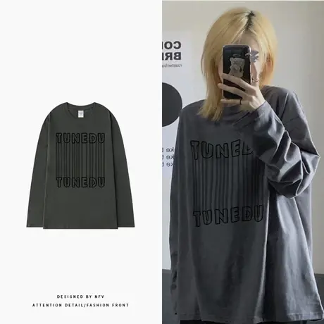 纯棉内搭大码长袖t恤女宽松打底衫ins潮牌早秋hiphop嘻哈上衣体恤商品大图