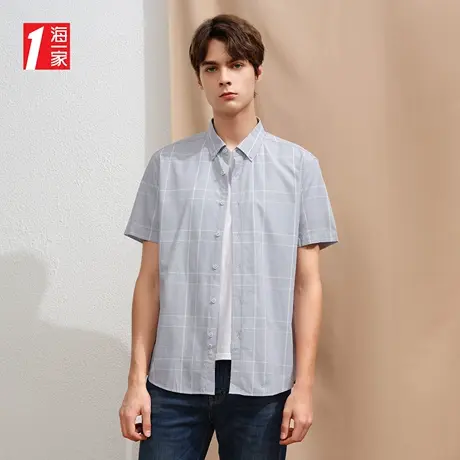 海一家经典格纹短衬新款青春休闲简约舒适短袖衬衫男商品大图