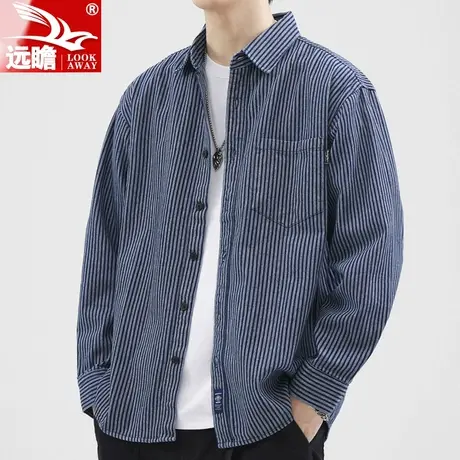 春秋季条纹衬衫男士长袖潮牌港风日系衬衣宽松休闲百搭潮流外套男图片